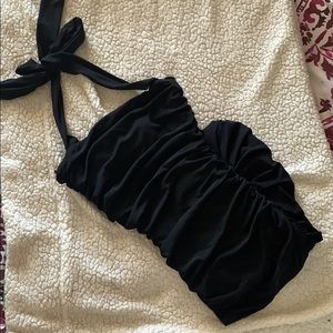 Black halter top ruched dress